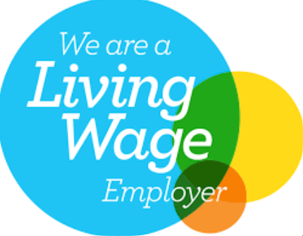 Blue, yellow and orange logo that reads We Are A Living Wage Employer