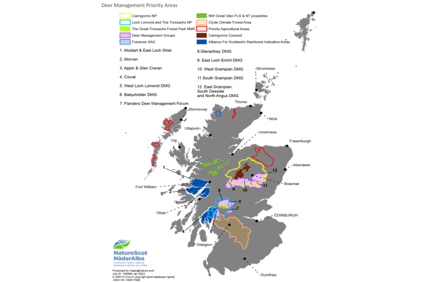 Deer Management Priority Areas highlighted on map of Scotland.