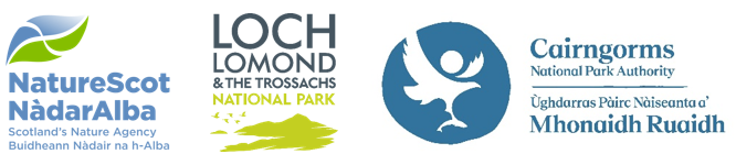 NatureScot Logo, Loch Lomond and the Trossachs National Park Logo and the Caringorms National Park Authority Logo.