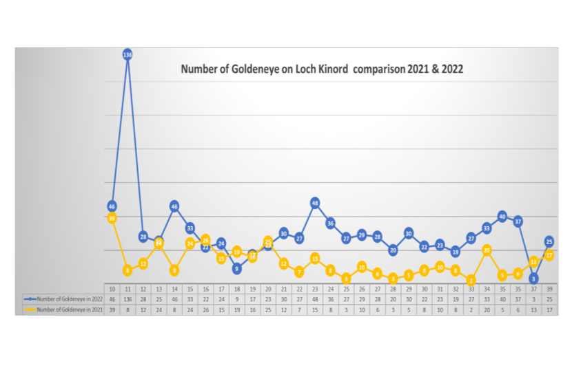 A line graph showing the changes in numbers of Goldeneye over 2 years.