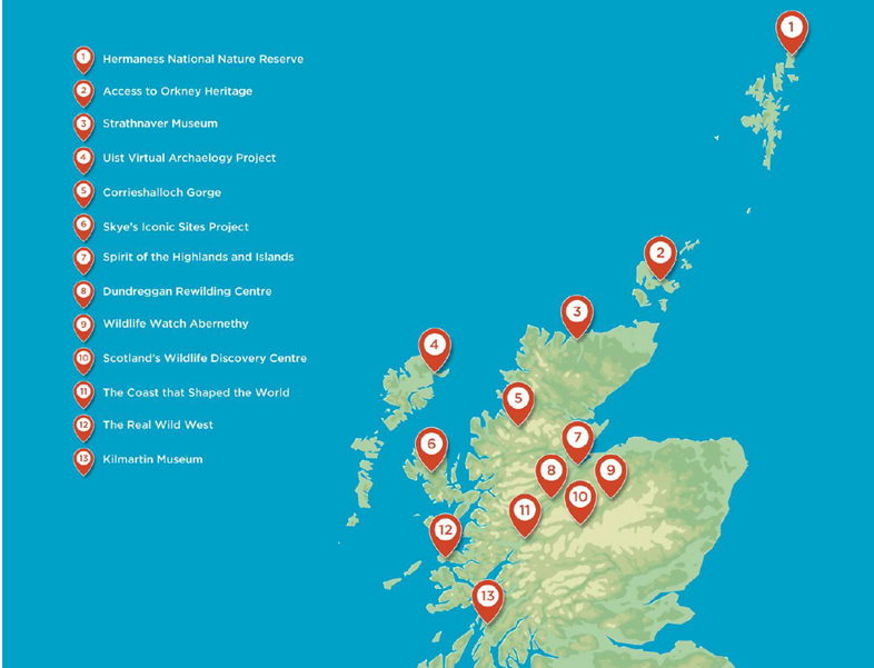 A map with red points and numbers on it, indicating the location of each of the NCHF-funded projects in the Highlands & Islands of Scotland